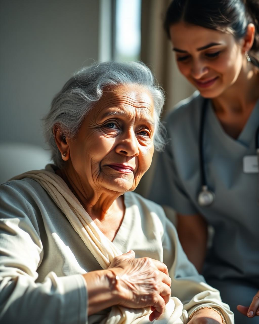 Compassionate caregiver attending an elderly Bangladeshi grandmother at home